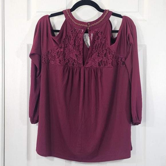 Tempted Hearts Burgundy Long Sleeve Cold Shoulder Lace Shirt Size Large - Picture 5 of 15